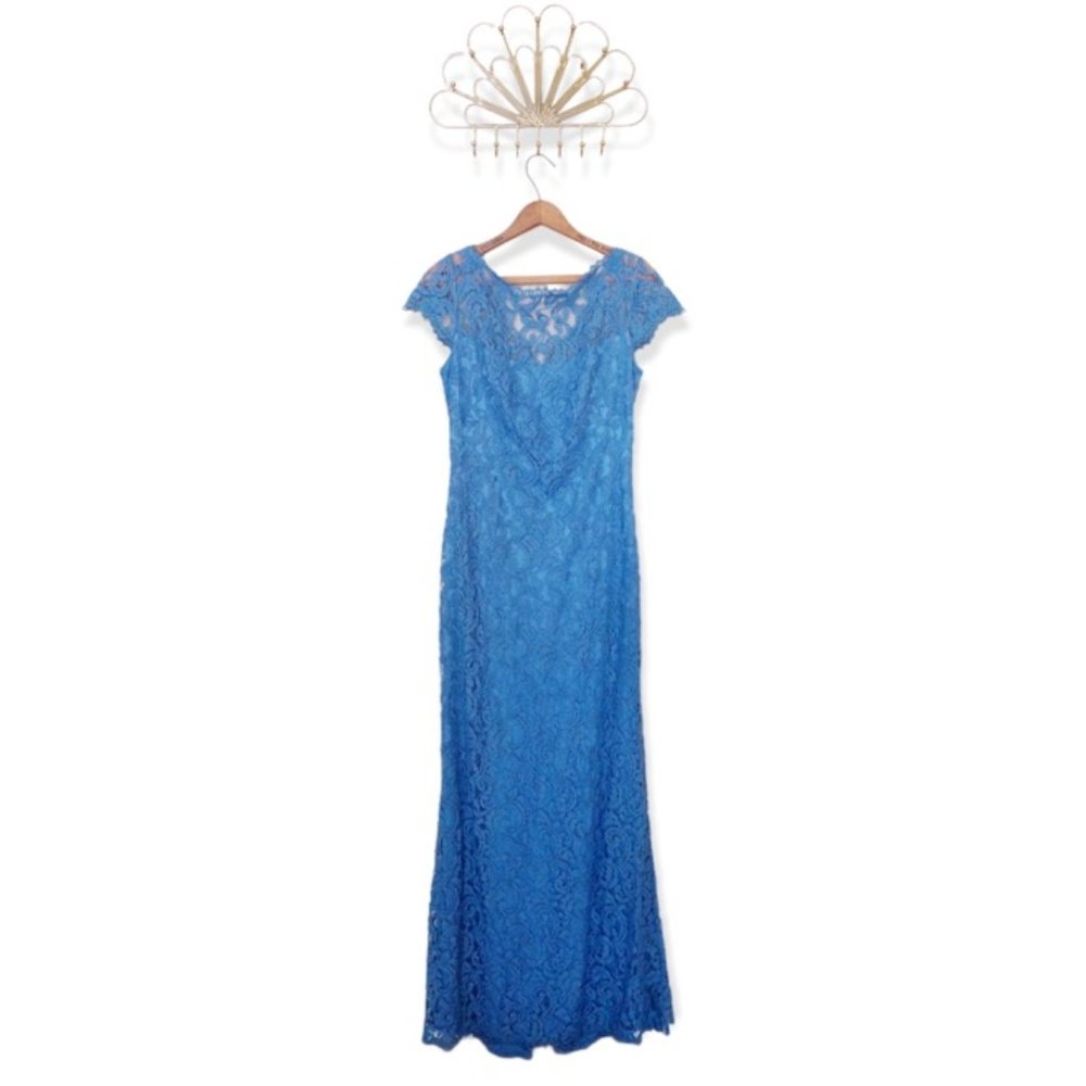 Tadashi Shoji Blue Embroidered Lace Cap Sleeve Gown